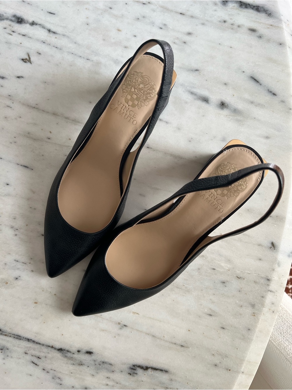 Vince Camuto Black Leather Pointed-Toe Slingback Flats